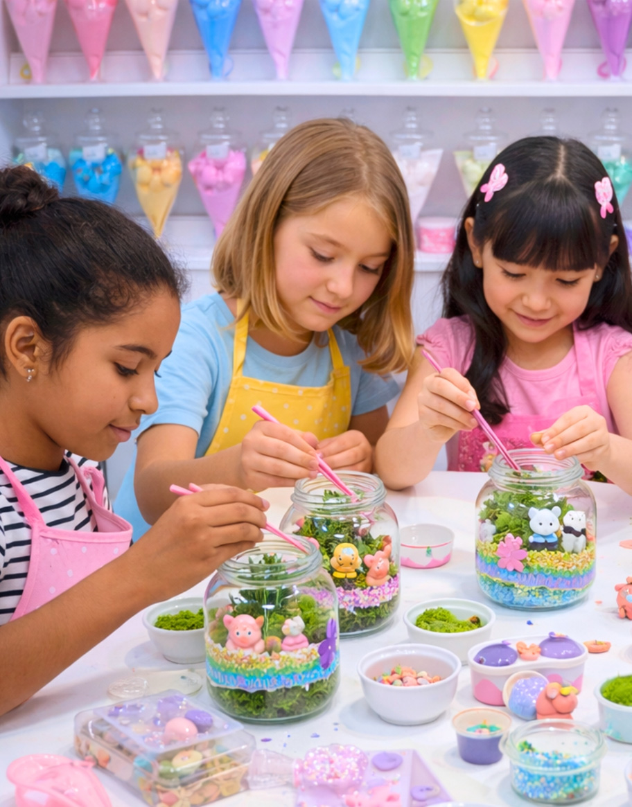 Laboratorio terrarium kawaii per bambini — iido Roma Tuscolana Tre bambine che creano un terrario kawaii con piantine vere nel laboratorio iido a Roma