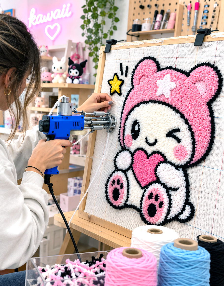 Ragazza che in laboratorio di iido crea un tappeto con la tecnica del Tufting Ragazza che realizza un tappeto con il Tufting